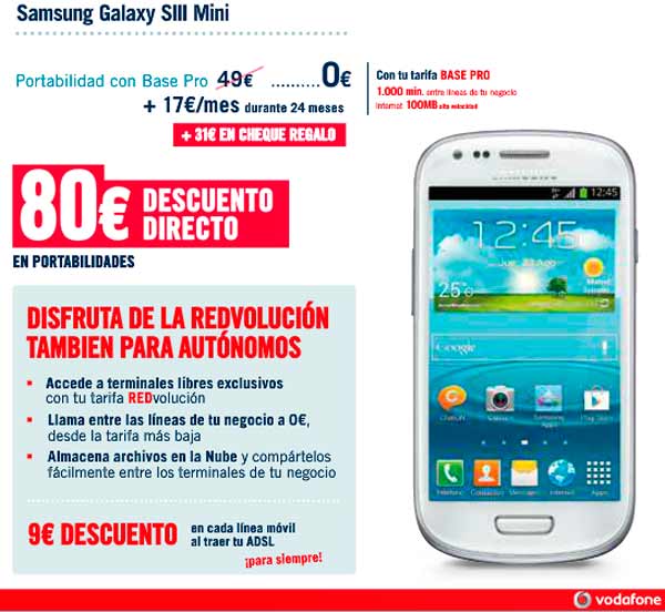 Samsung Galaxy SIIi mini con 80 euros de descuento para autónomos de Vodafone