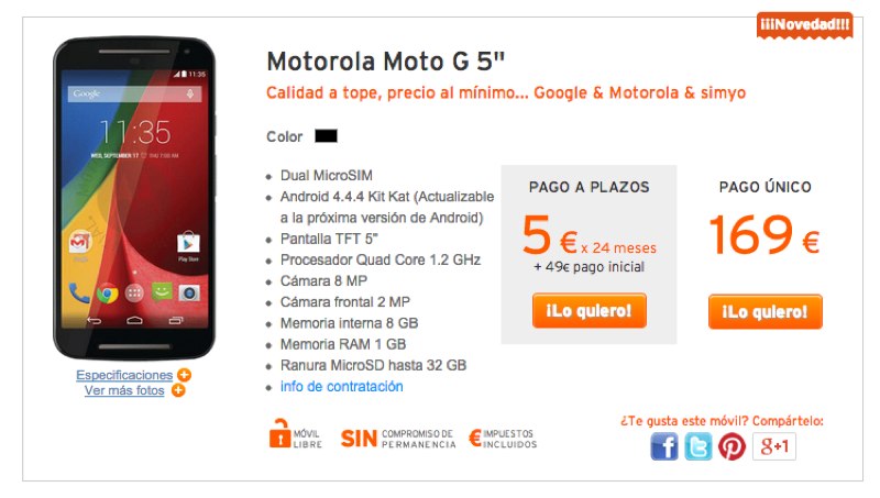 Precios del Motorola Moto G 2014 con Simyo